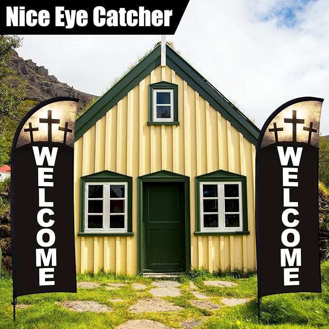 Buryeah 4 Sets Welcome Feather Flag Sign Kit Welcome Banners Swooper Flag - Image 3
