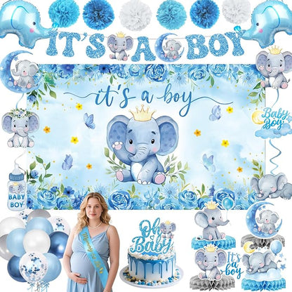 Elephant Baby Shower Decorations Banner, It's a Boy Backdrop, Foil & Latex by QIYANPAX