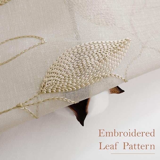 HOMEIDEAS Taupe Sheer Curtains 52 X 63 Inches Length 2 Panels Beige Embroidered - Image 3