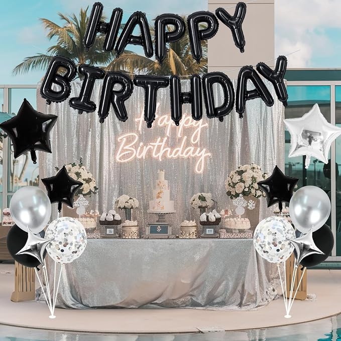 Happy Birthday Balloon Banner Black Silver, 16 Inch Mylar Foil Letter Balloons - Image 8