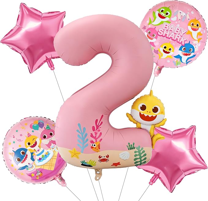 PartyWoo Baby Shark Pink Foil Round Star Mylar Number 2 Balloons 5pcs | Balloons by PartyWoo