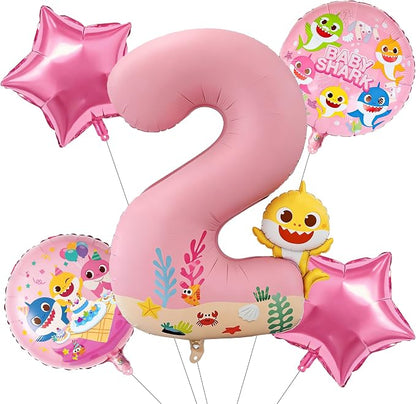 PartyWoo Baby Shark Pink Foil Round Star Mylar Number 2 Balloons 5pcs | Balloons by PartyWoo