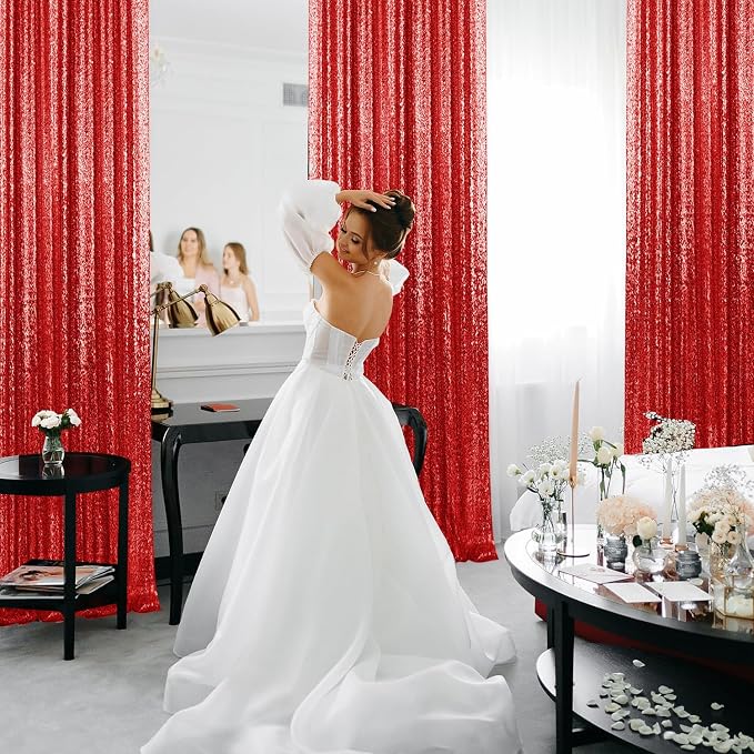 2×8FT-2PCS Red Sequin Backdrop Curtains Panels, Photography Backdrop Glitter - Image 4