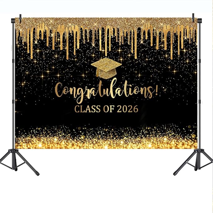 Mocsicka 8x6ft Graduation Backdrop 2026 Black and Gold Graduation Decorations - Image 8