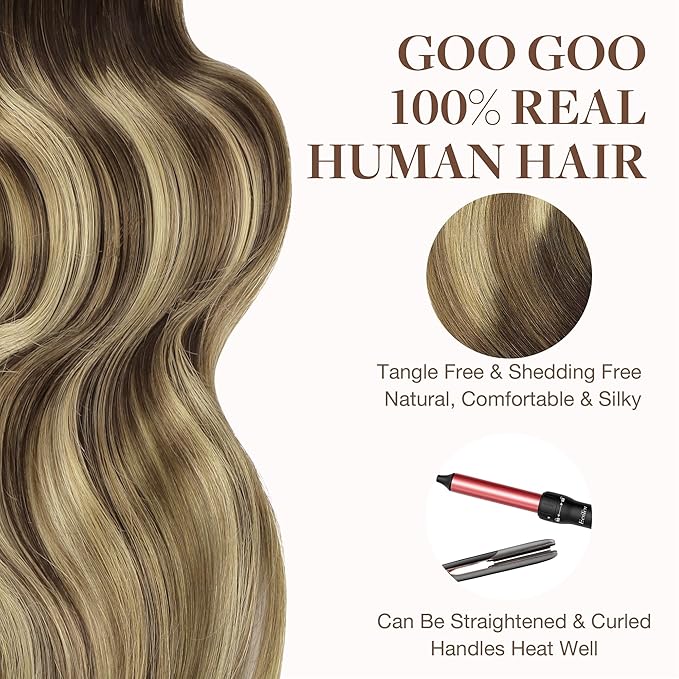 GOO GOO Tape in Hair Extensions Human Hair, 2/6/18 Balayage Brown to Dirty Blonde, 26inch 60g 20pcs, Skin Weft Seamless Invisible, Silky Straight with Thick Ends, Remy Human Hair