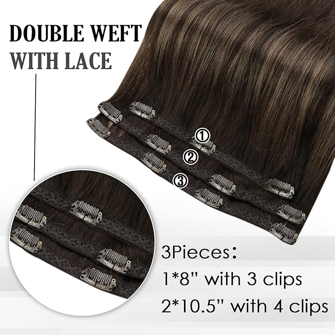 Full Shine Dark Brown Clip in Hair Extensions Ombre Human Hair Extension Brown Balayage 18 Inch Straight Lace Hair Extensions Real Human Hair Invisible Clip ins 3 Pcs 60 G