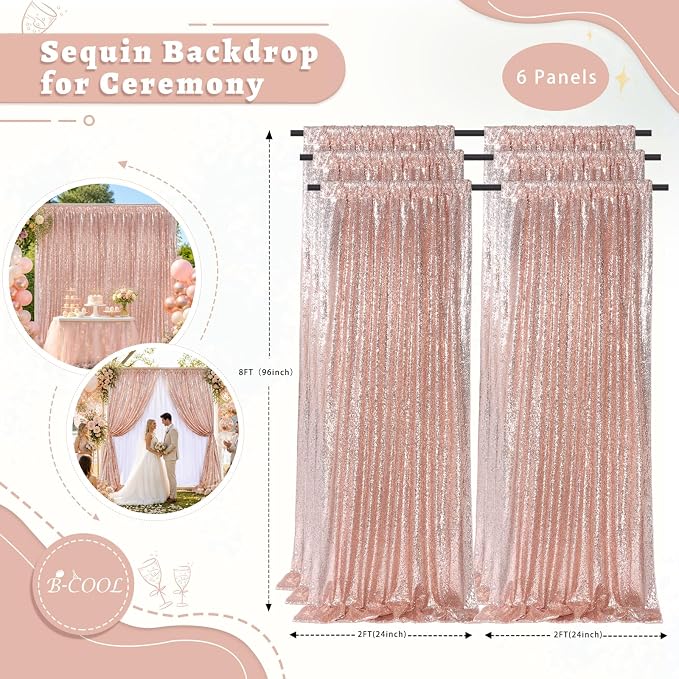 Blush Pink Sequin Curtains Backdrop 6 Pcs 2FTx8FT Shiny Shimmer Fabric | - Image 3