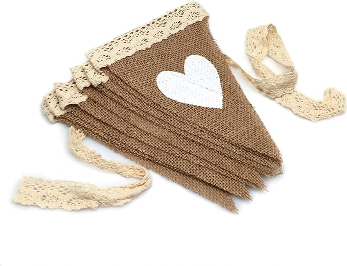 FQTANJU 12Pcs Vintage Heart Jute Burlap Bunting Banner Hessian Flag by FQTANJU