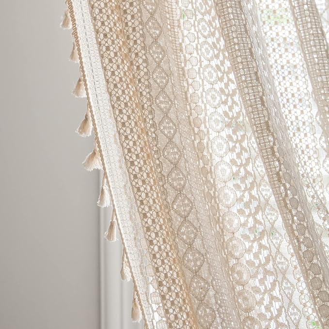 Sutuo Home Beige Boho Lace Sheer Curtains 84 inches Long, Crochet Macrame - Image 6