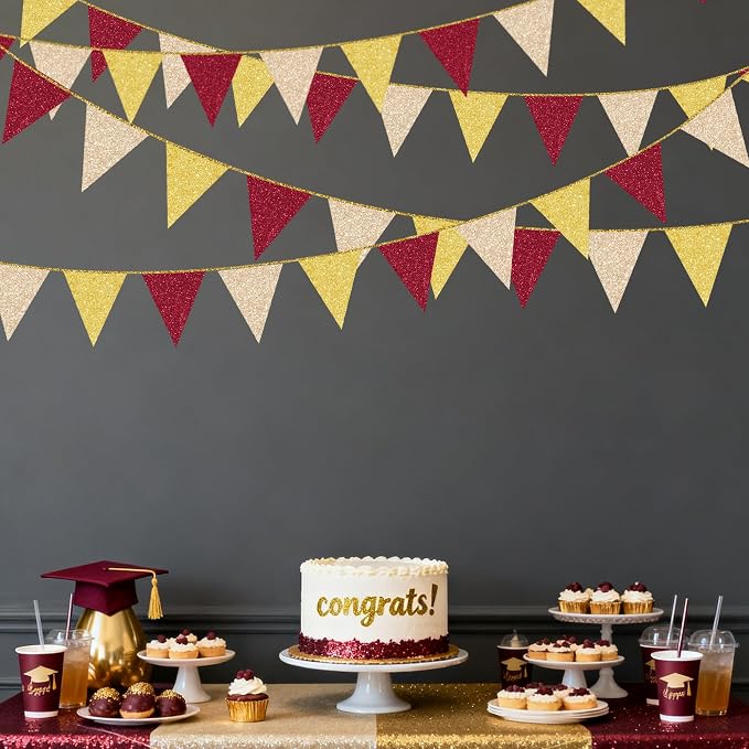 Maroon Gold Party Pennant Banner Flag Burgundy Champagne Gold Triangle Hanging - Image 8