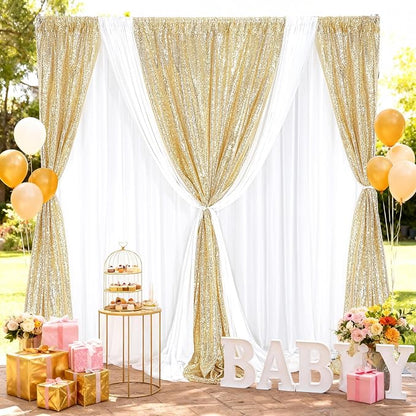 Light Gold Sequin Backdrop Curtains Party Glitter Drapes 2 Pcs 2FTx8FT | - Image 6
