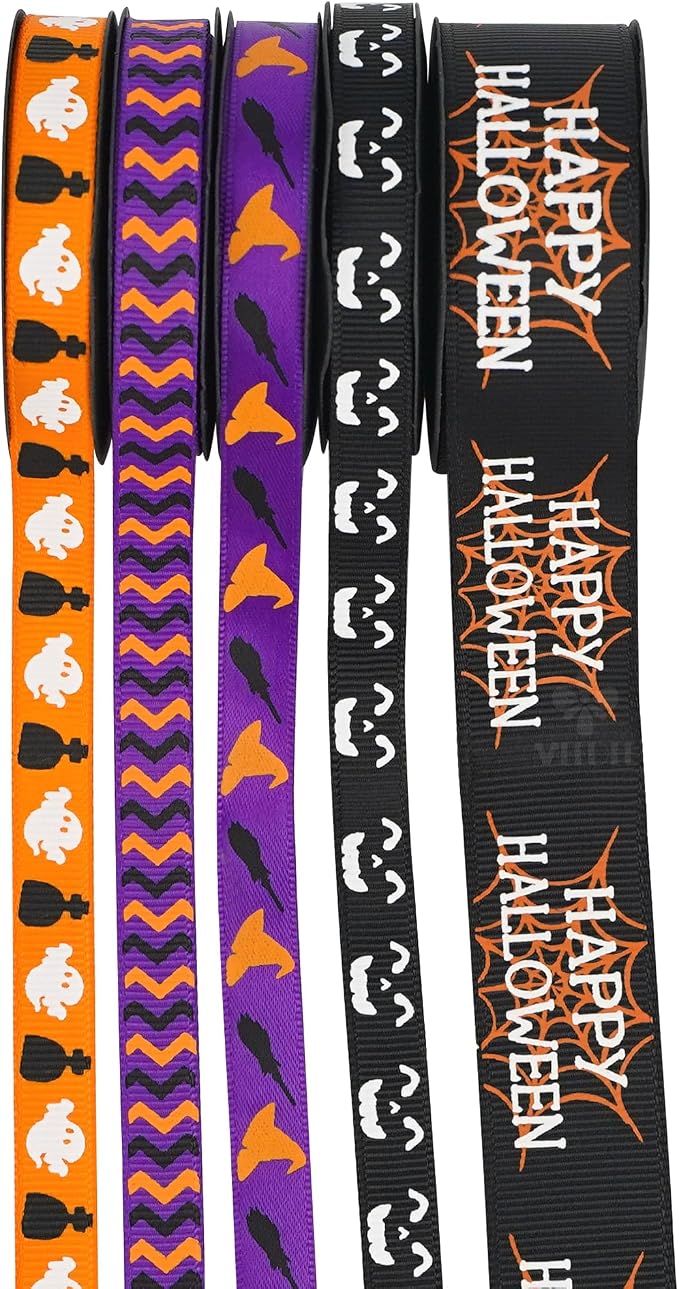 3/8 inch 1 inch Halloween Ribbon Set Spooky October Ribbon Assortment 5 Rolls - Image 8