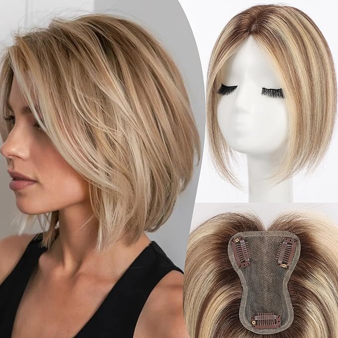 starluck Real Human Hair Toppers for Women 10 Inch Human Hair Topper no Bangs, 3 * 4.5 inches Swiss Base Suitable for ThinningHair Cover Grey Roots(Ash Blonde)