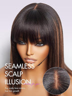 LUVME HAIR 12 Inch Yaki Straight Bob Wig with Bangs Human Hair Glueless HD Lace Bob Wig with Brown Highlights, Ready to Go Short Wigs For Women 180 Density Breathable Cap