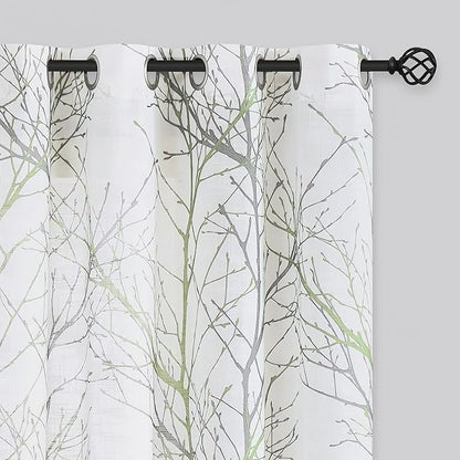FMFUNCTEX Linen Sage Green White Semi Sheer Print Curtains 54 Inch 2 Panels | by Fmfunctex