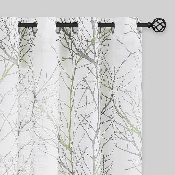FMFUNCTEX Linen Sage Green White Semi Sheer Print Curtains 96 Inch 2 Panels | by Fmfunctex