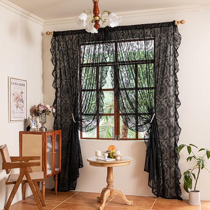 Deeprove Black Lace Curtains 96 Inch Length Set of 2 Panels Pair by Deeprove