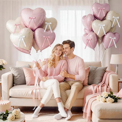 Pink White Heart Balloons with Ribbon Bow, 18In Pastel Nude Light Rosa Helium - Image 4