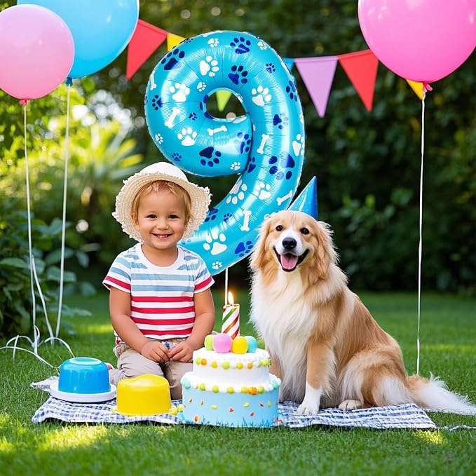 40 Inch Blue Dog Paw Birthday Balloons, Number 9 Balloons - Image 7