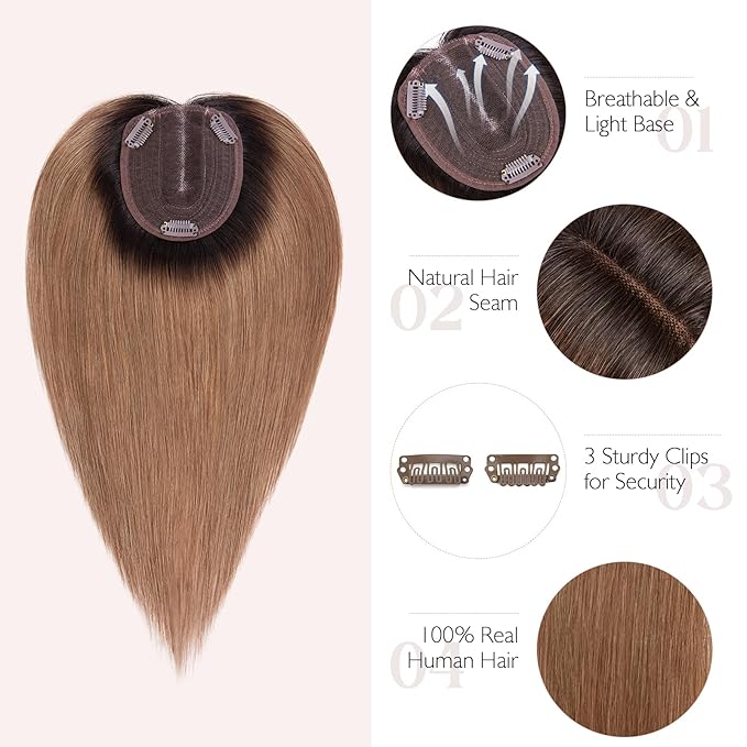 Hairro 100% Human Hair Topper No Bangs, Real Clip in Hair Hairpieces for Women, 3.94x4.72" Silk Base for Thinning Receding High Hairline, 12 Inch Natural Black to Medium Brown Middle Part