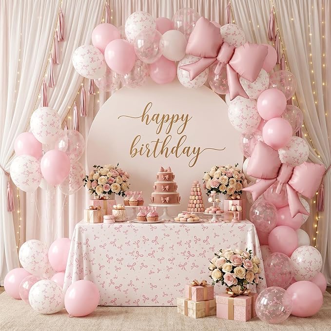 Pink Bow Balloons, 12 Inch Pastel Pink Transparent White Printed Balloons - Image 4