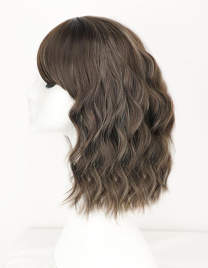AISI HAIR Curly Bob Wig with Bangs Short Wavy Warm Medium Brown Color Wigs for Women Bob Style Synthetic Heat Resistant Bob Wigs