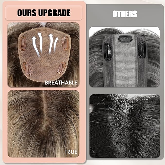 starluck Hair Toppers for Women Real Human Hair, 5"*5.5"Large Coverage Brown with Blond Highlight HairTopper No Bangs,100% Real Human Hair Toppers for Women with Thinning Hair,Cover Gray HairRoots