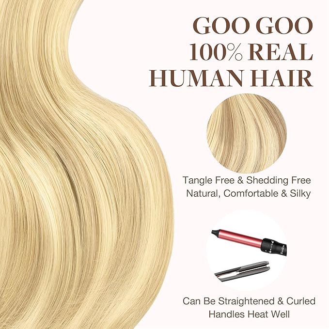 GOO GOO Tape in Hair Extensions Human Hair, 18D/22F Dirty Blonde Highlights, 14inch 25g 10pcs, Skin Weft Seamless Invisible, Silky Straight with Thick Ends, Remy Human Hair