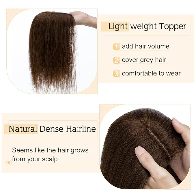 SEGO Human Hair Toppers for Women With Thinning Hair, 7 * 13CM Silk Base 100% Real Human Hair Clip in Top Wiglet Hairpieces /8 Inch No Bangs /4 Medium Brown