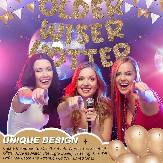 Fulmoon Set of 3 Pre Strung Older Wiser Hotter Glitter Banner Funny Birthday - Image 5