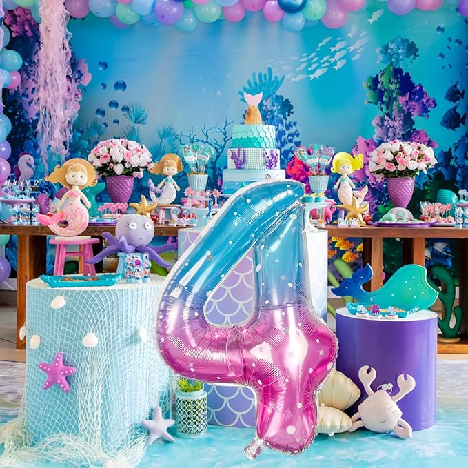 Purple Teal Number 4 Balloons, 40 In Large Mermaid Starry Number 4 Mylar Foil - Image 8