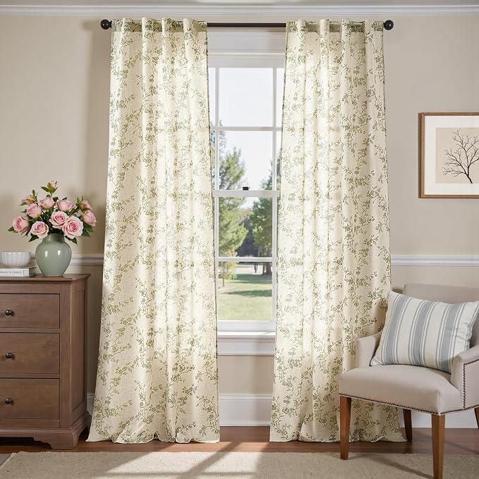 jinchan Green Floral Linen Curtains 96 Inch Flower Drapes Back Tab 2 Panels | - Image 2