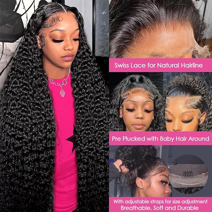 CYNOSURE Lace Front Wigs Human Hair Pre Plucked Brazilian Kinky Curly Lace Frontal Wig with Baby Hair 9A Natural Hair Wigs for Black Women (30 Inch, Natural Black)