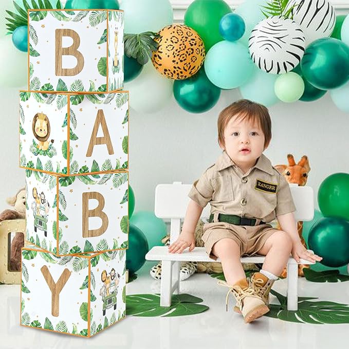 Safari Baby Shower Decorations Sage Green Woodland Animal Baby Boxes 4pcs | Boy - Image 5
