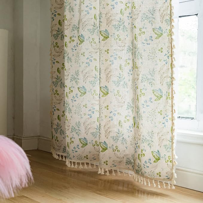 ENJOYBRIDAL Leaf Curtains 63 Inch Length 2 Panels Tassel Boho Semi Sheer Drapes - Image 6