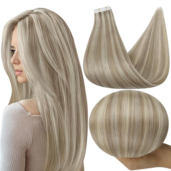 Full Shine Tape in Hair Extensions Remy Hair 12 Inch Color 18 Ash Blonde Highlight 613 Blonde Hair Extensions 30 Gram 20 Pcs Seamless Double Side Tape ins Add Volume for Women Seamless Natural