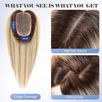 HAIRCUBE Hair Toppers 100% Real Human Hair,Ombre Blonde with Brown Highlight, 5.5"*4" MONO Large Base, 46g Hand-moven Real Human HairToppers for Women with ThinningHair