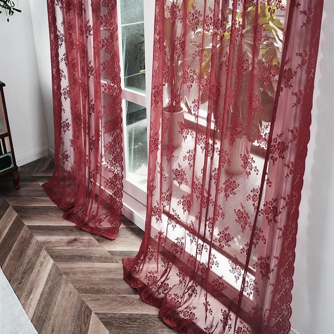 Kotile Burgundy Lace Curtains for Bedroom Rustic Floral 52x63 Inch 2 Panels | - Image 7