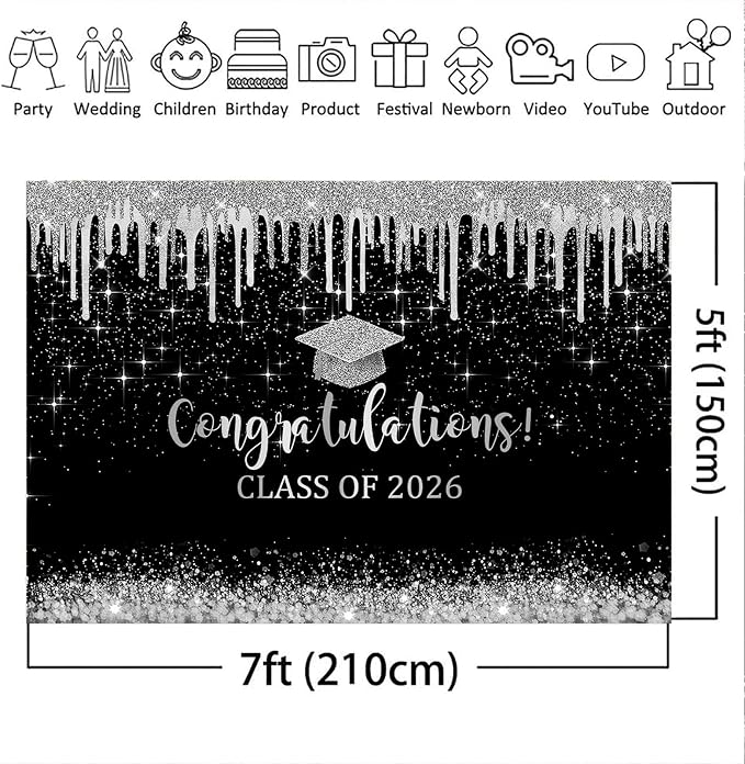 Mocsicka 7x5ft Class of 2025 Graduation Backdrop Black and Sliver Glitter 2026 - Image 5