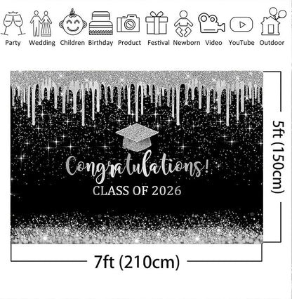 Mocsicka 7x5ft Class of 2025 Graduation Backdrop Black and Sliver Glitter 2026 - Image 5