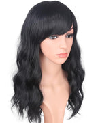 Medium Long Black Wavy Wigs For Women Synthetic Full Hair Natural Black Wigs With Side Bangs For Daily Use 16 Inches (NATURAL BLACK(1#))
