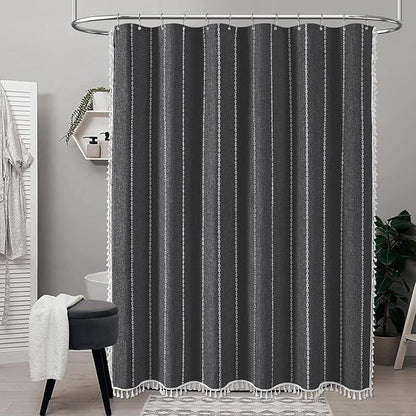 Charcoal Grey Boho Farmhouse Linen Heavy Duty Shower Curtain, 72x72 | 330GSM - Image 2
