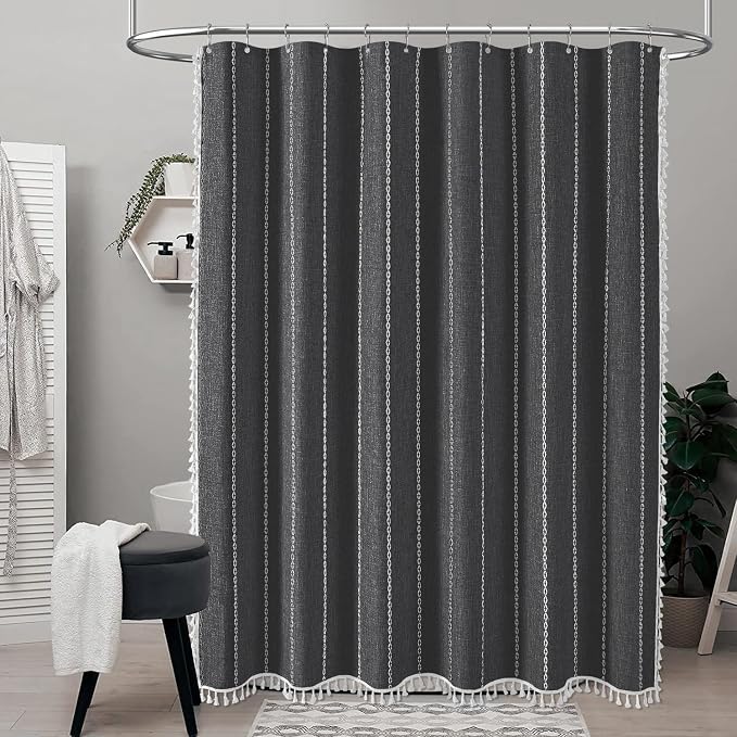 72x96 Extra Long Boho Linen Heavy Duty Shower Curtain, Charcoal Grey | Extra - Image 6