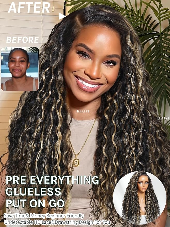 KLAIYI Ombre Highlight Blonde Water Wave Glueless Pre Everything 13x4 Lace Front Wigs Human Hair Drawstring Pre Plucked Pre Bleached Bye Bye Knots Curly Wig with Dark Roots Ready to Wear and Go 26Inch