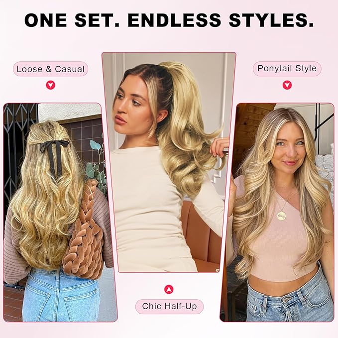 ALXNAN Long Wavy Hair Extensions for Women, Clip in Hair Extensions Clip Ins Soft Full Head Synthetic Hairpieces 20 Inch Honey Blonde