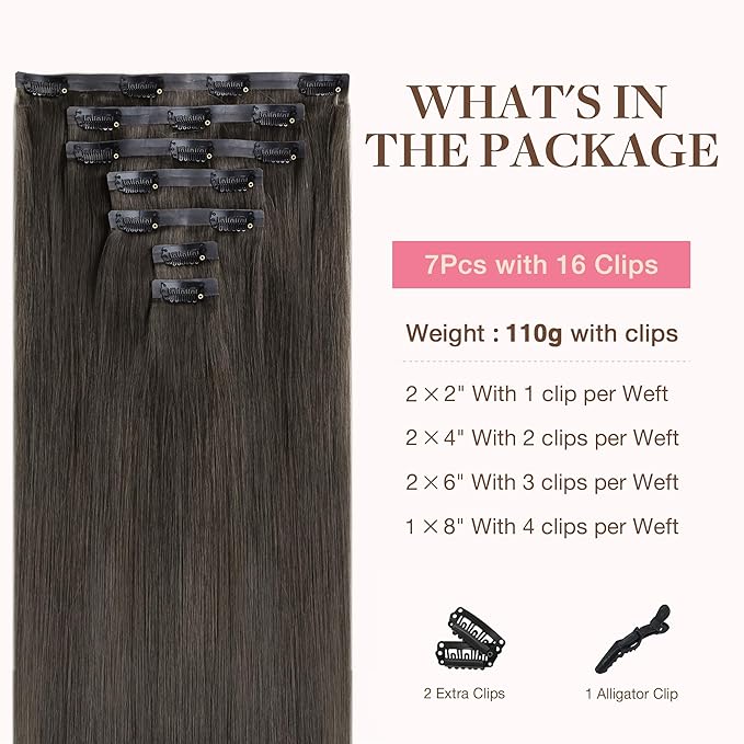 GOO GOO Clip in Hair Extensions Real Human Hair, Remy Human Hair Extensions Clip ins for Women, Natural Human Hair, 18inch 110g 7Pcs, 1C Mocha Brown