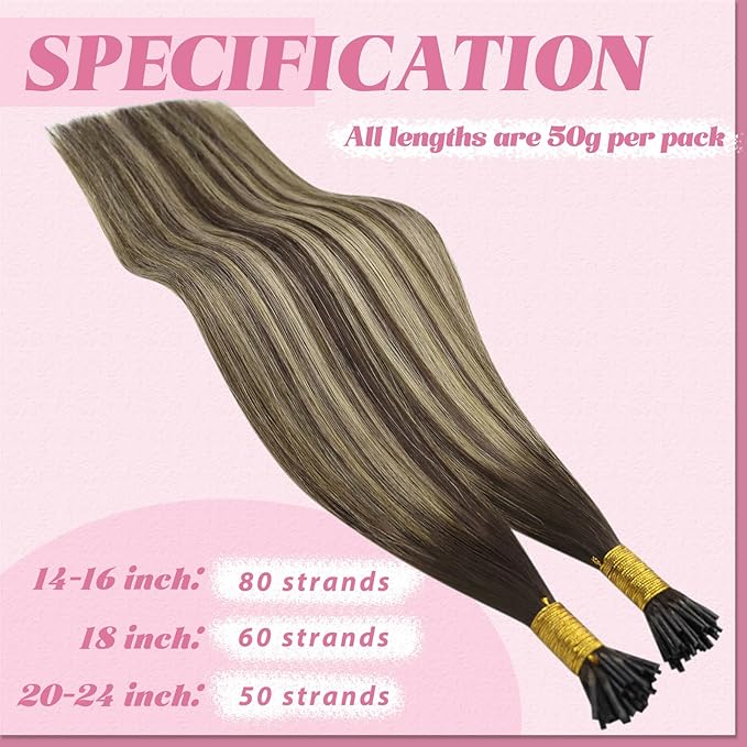YoungSee I Tips Hair Extensions Balayage Human Hair I Tip Extensions Dark Brown with Ash Blonde Ombre Itip Hair Extensions 24 Inch I-Tip Extension Real Human Hair for Long Hair 50s 50g