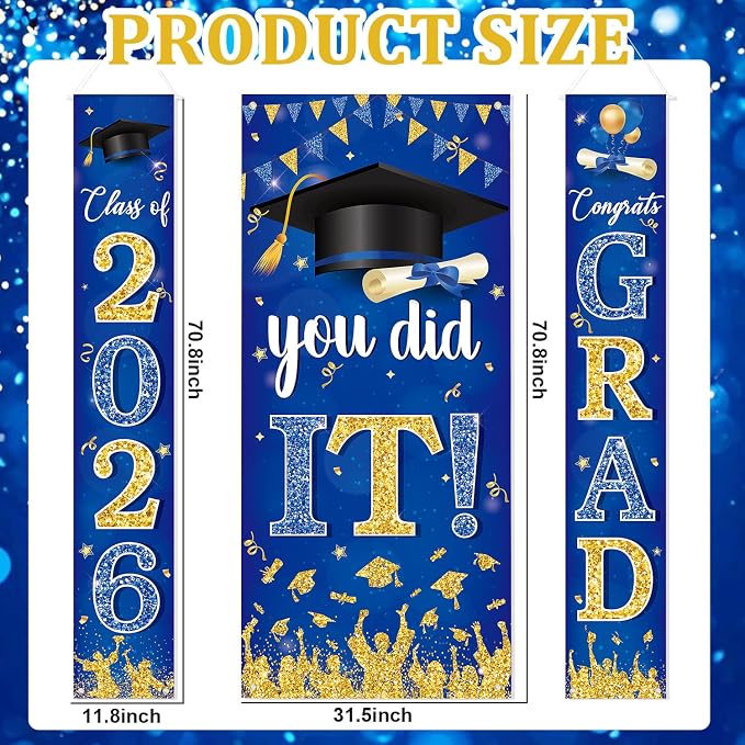 Blue and Gold Graduation Decorations 2026 Congrats Grad Hanging Banner You Did - Image 3