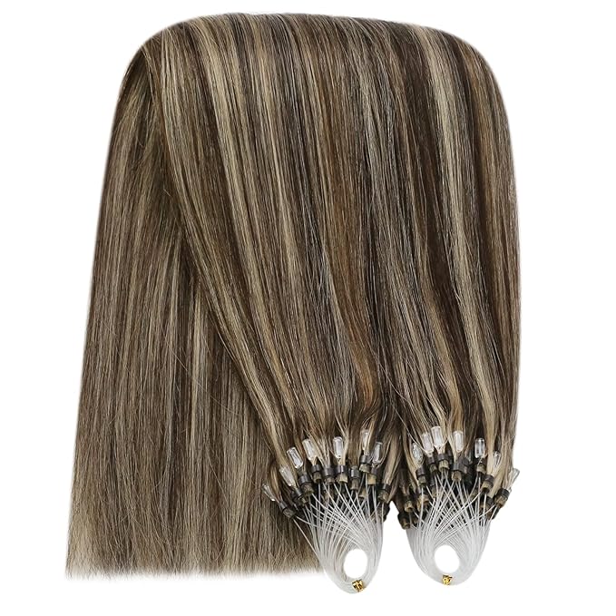 YoungSee Micro Link Hair Extensions Human Hair Highlight Micro Loop Hair Extensions Real Human Hair Dark Brown Highlighted Blonde Invisible Beaded Hair Extension Long Hair 24In for Wedding 50g 50s