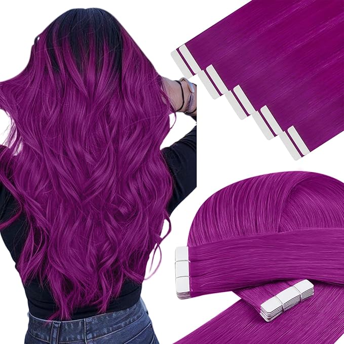 YoungSee Human Hair Tape in Extensions Purple Tape in Hair Extensions Human Hair Purple 20g Colored Hair Extensions Tape in 12 Inch 10pcs Remy-Hair for Party